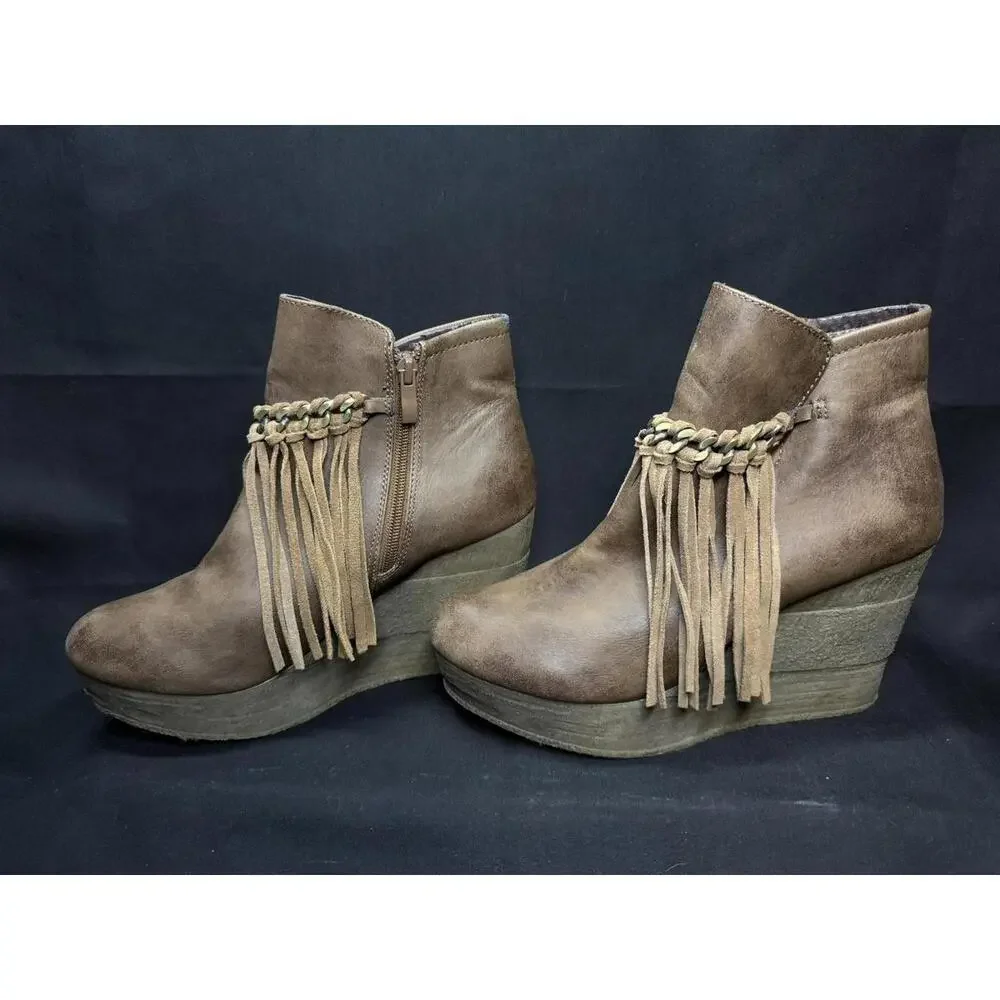 Sbicca Boots Womens Size 10 Wedge Fringe Suede Western Boho Zip Ankle‎ Booties